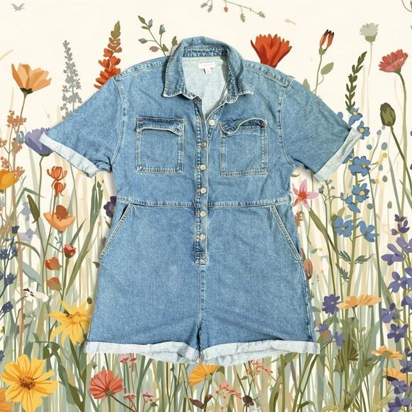 TOP SHOP Blue Denim Jean Shorts Romper Size 12 - Picture 1 of 3